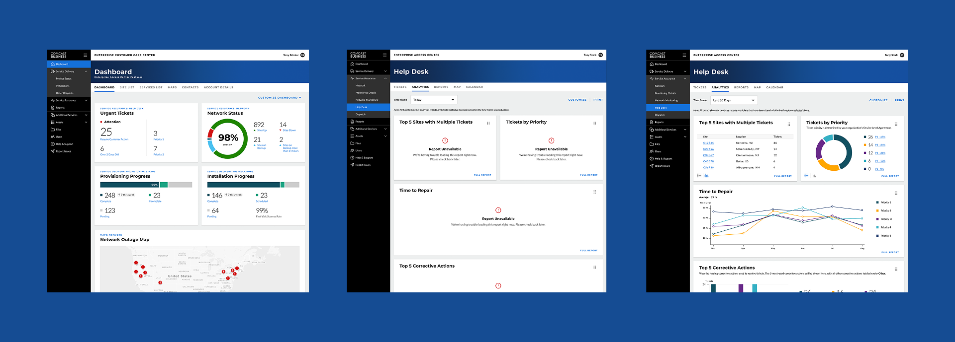 Comcast Enterprise Access Center dashboard