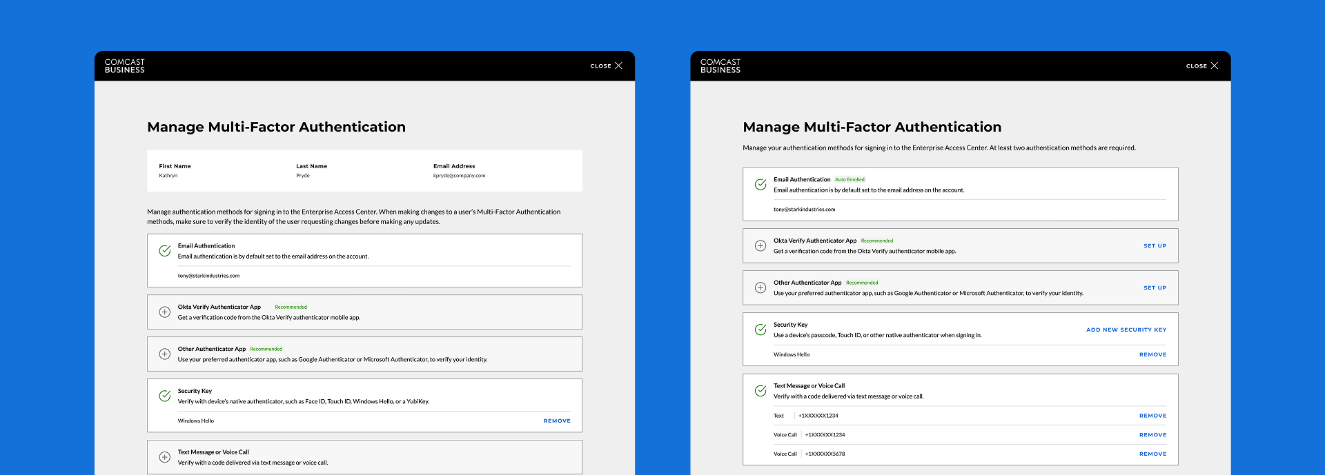 Comcast multi-factor authentication interface