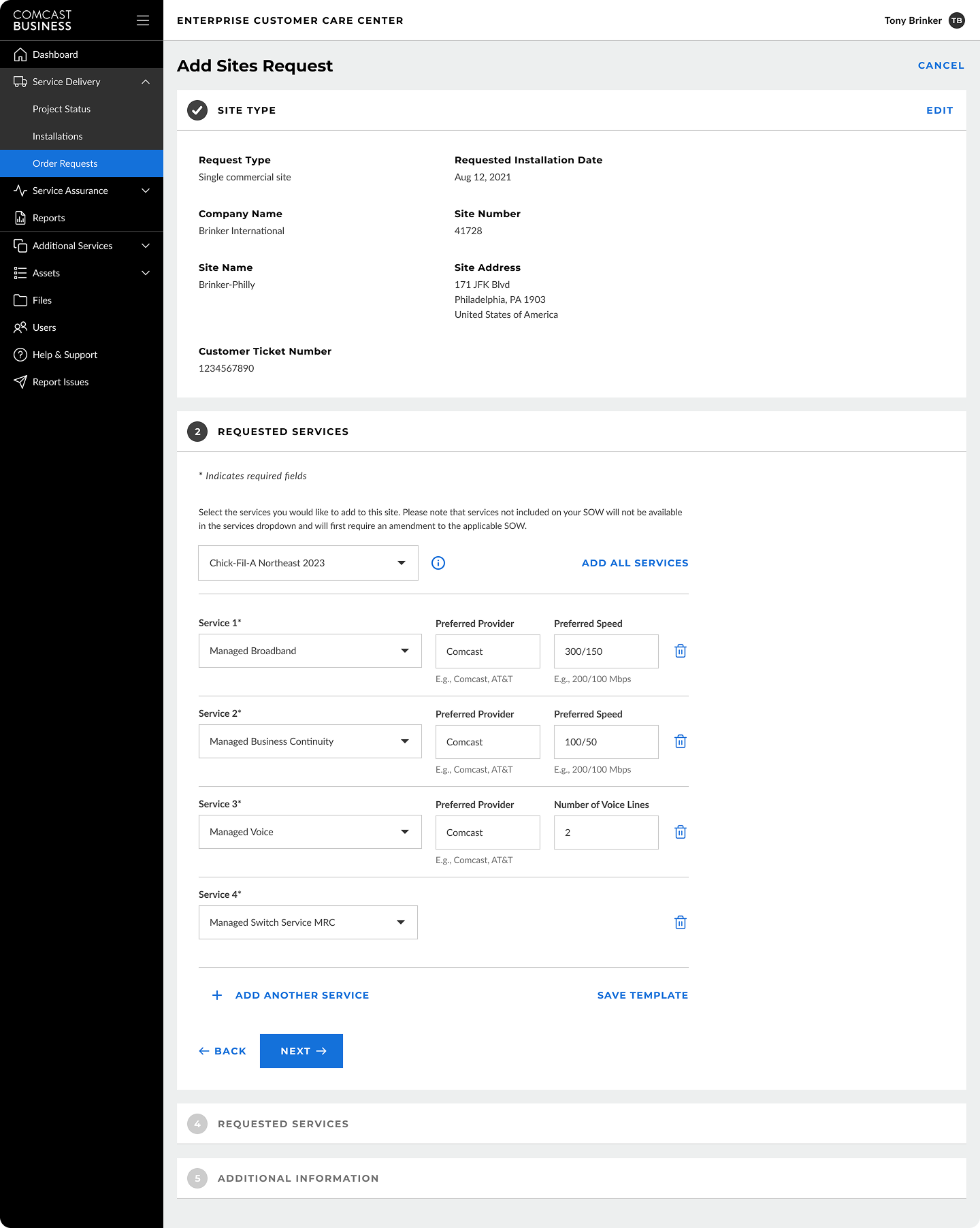 Comcast order request dashboard
