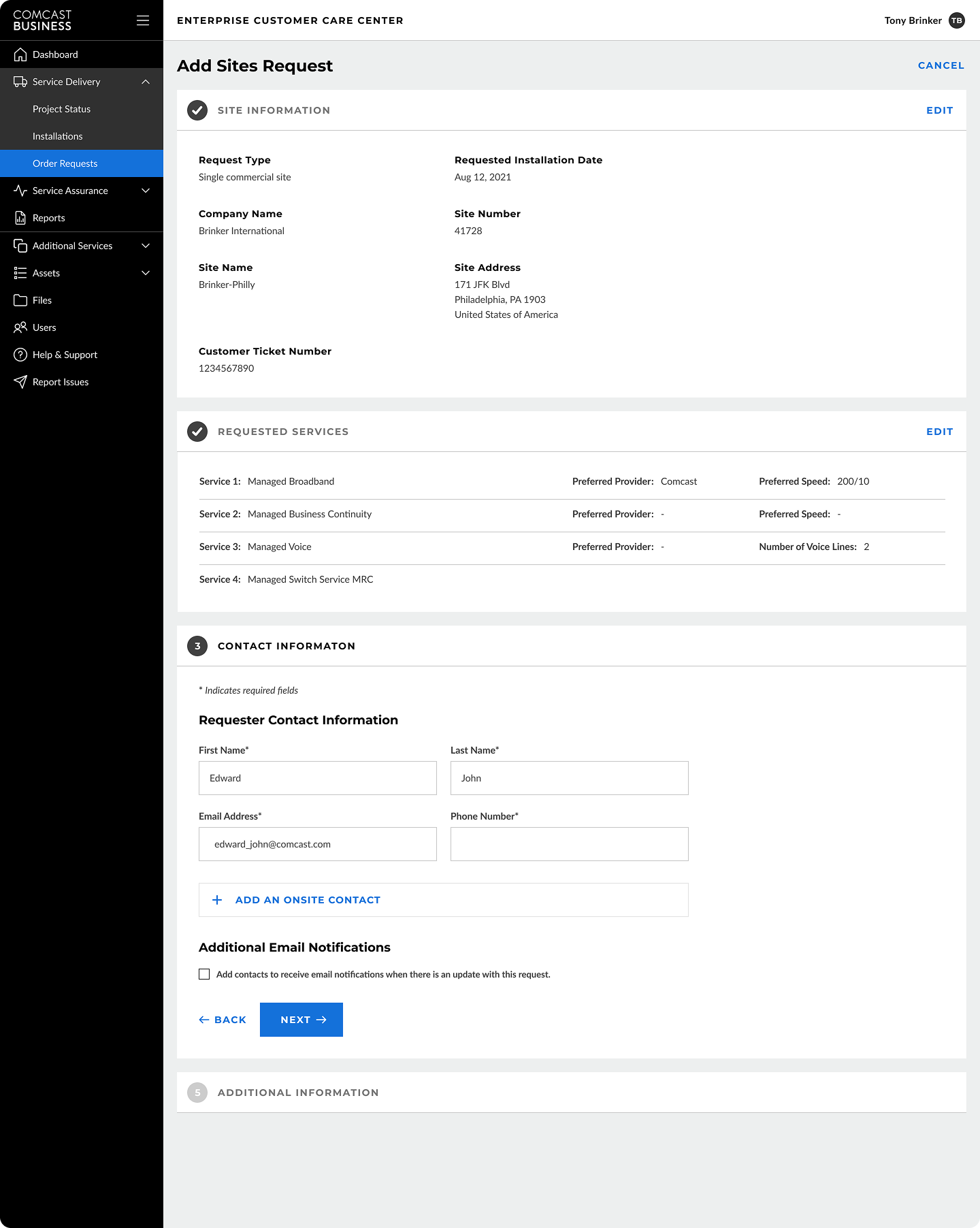 Comcast order request details