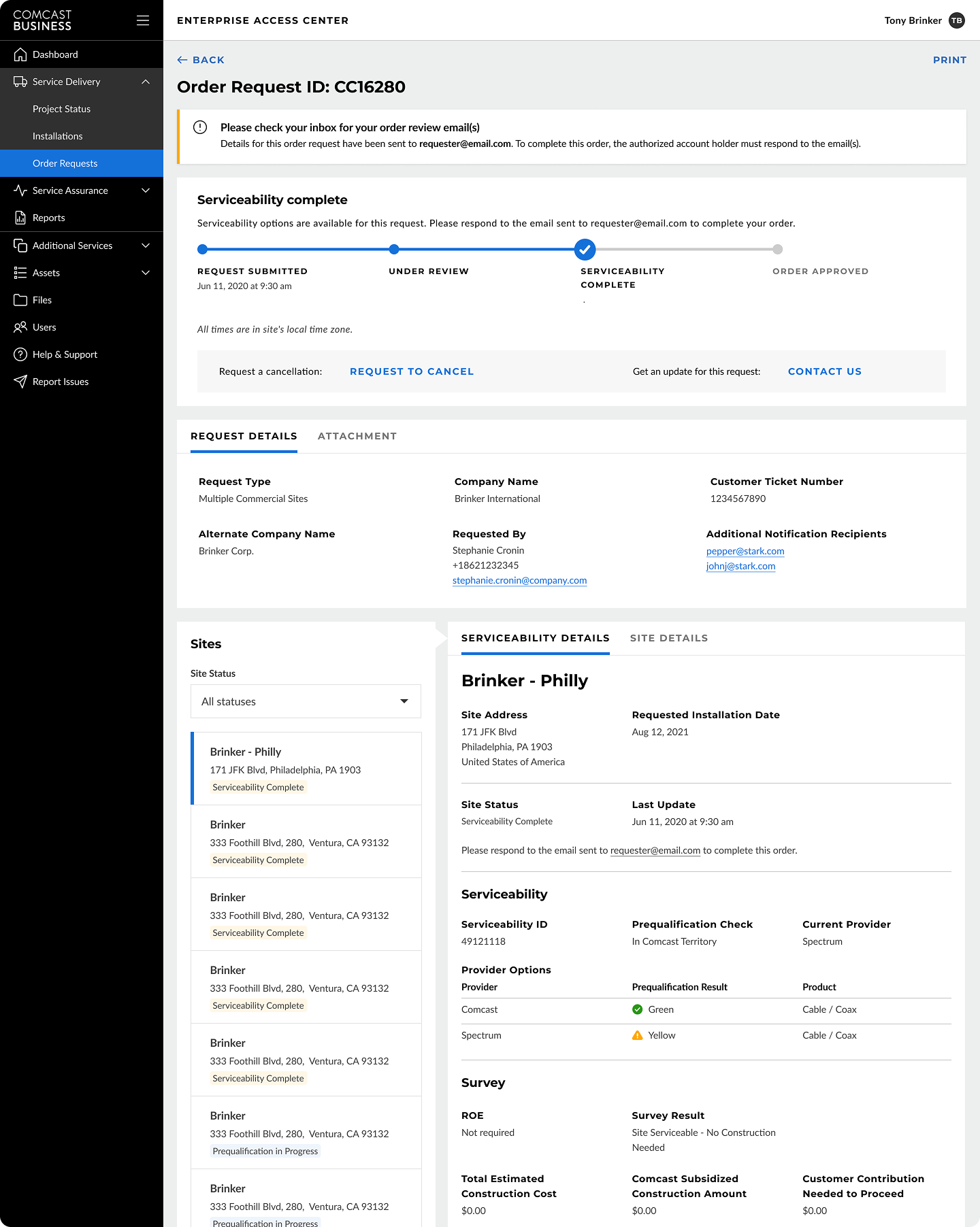 Comcast order request workflow