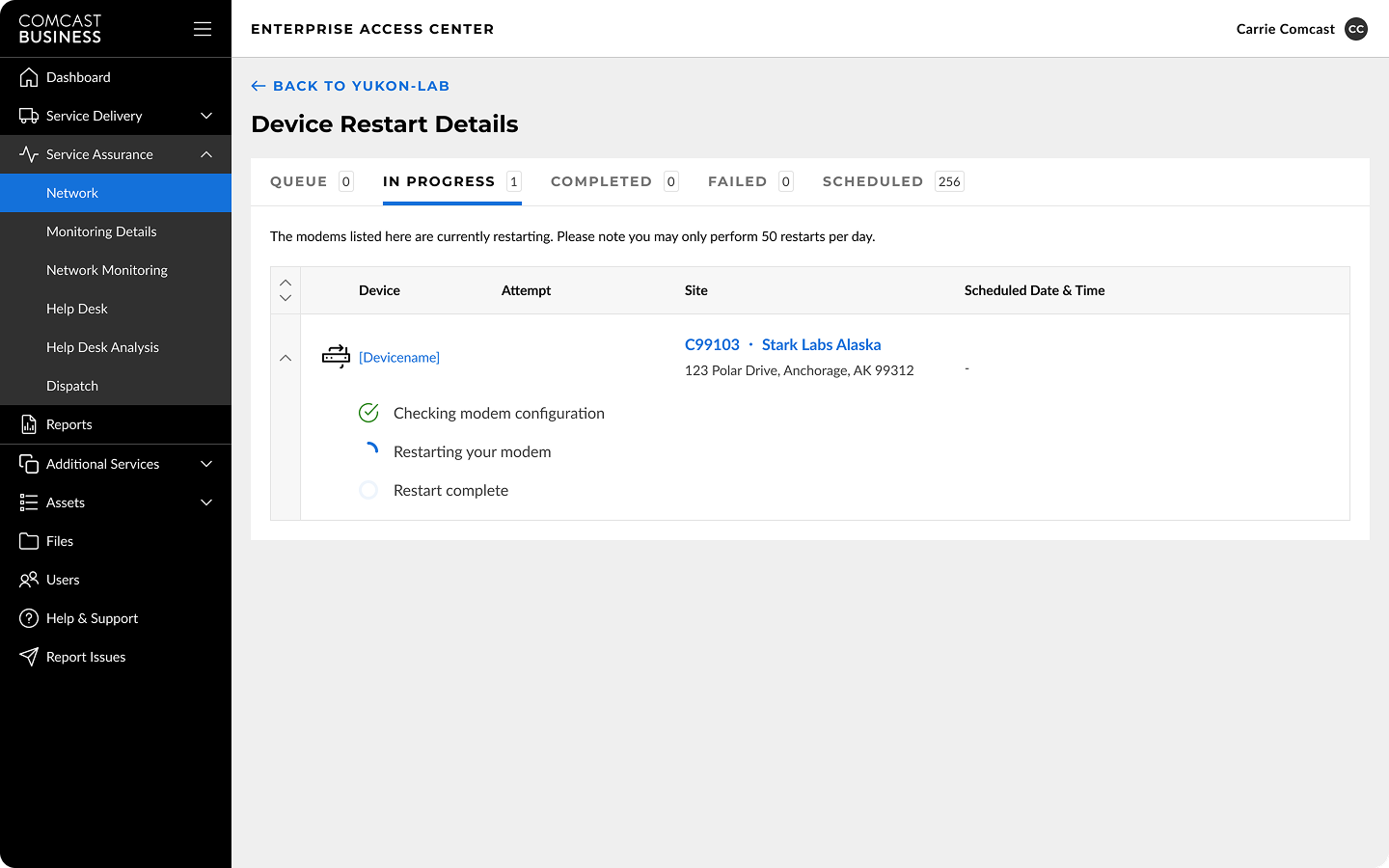 Comcast restart dashboard